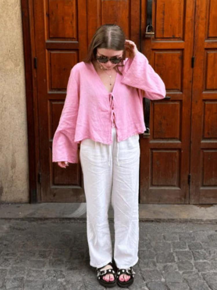 2025 Летние белые рубашки на шнуровке для женщин, элегантные свободные блузки с длинным рукавом и V-образным вырезом, женские однотонные повседневные уличные шикарные женские топы