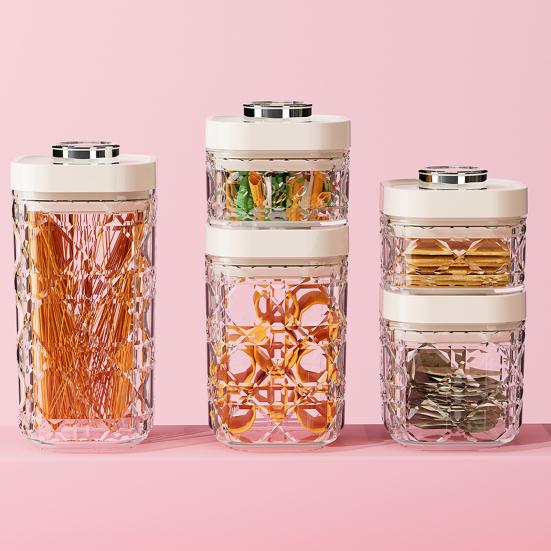 Vintage Airtight Storage Jar Clear Plastic Food Container with Pop Lid Stackable One Button Opening Kitchen Storage Organizer for Cereal