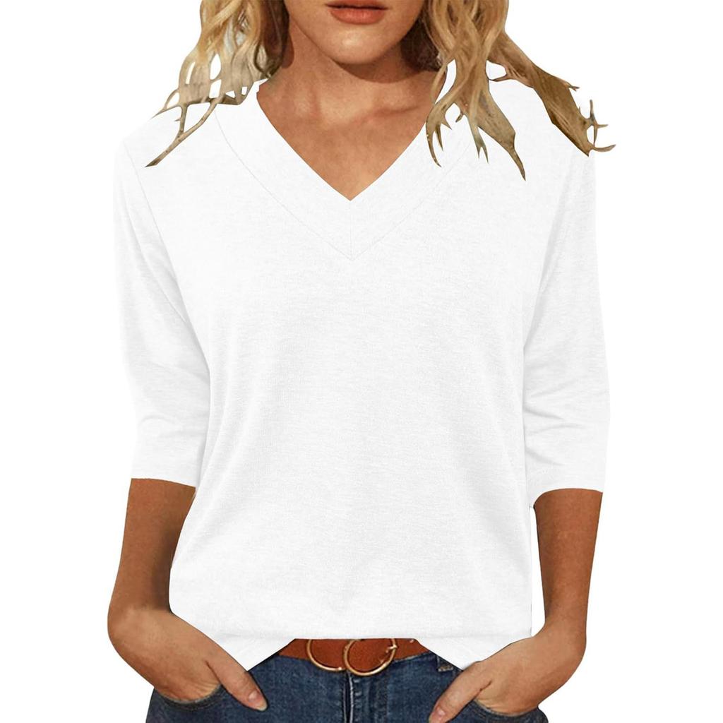 Women's Color V-Neck Three-Quarter Sleeve Casual Top