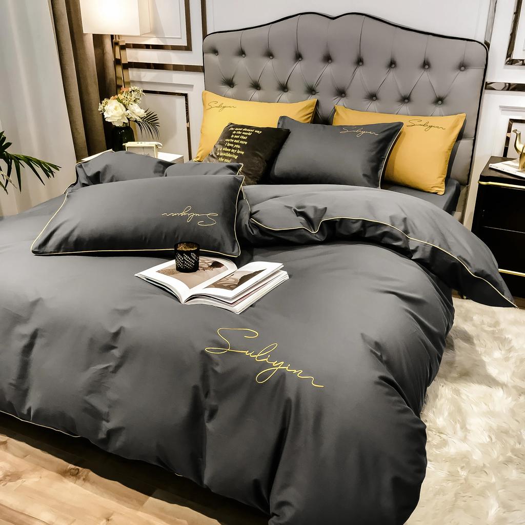 400TC Luxury Egyptian Cotton Bedding Set Full Queen King Size Duvet Cover Bed Fitted Sheet Set Pillowcase Bed Linen Solid Color