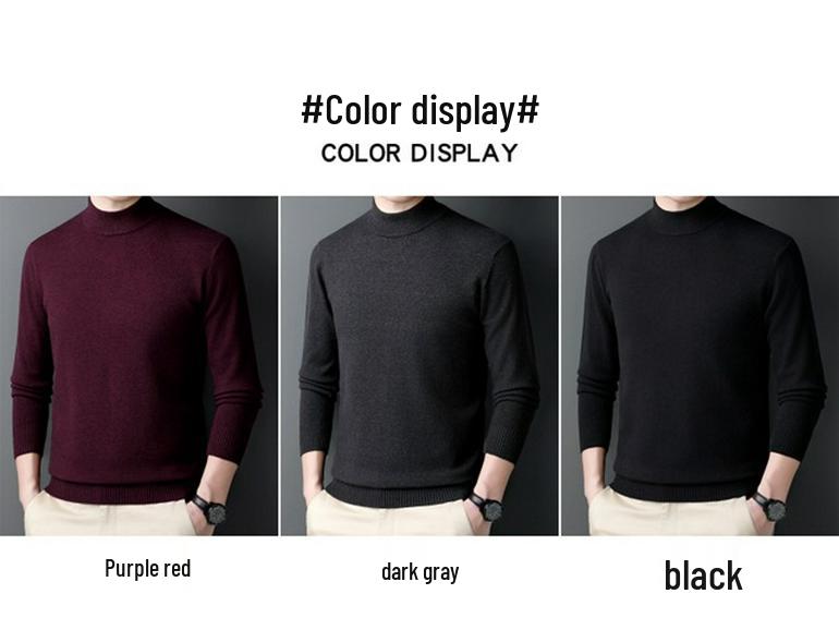 Men's 100% Cashmere Mid-Neck Black Sweater - Thickened Winter Base Layer