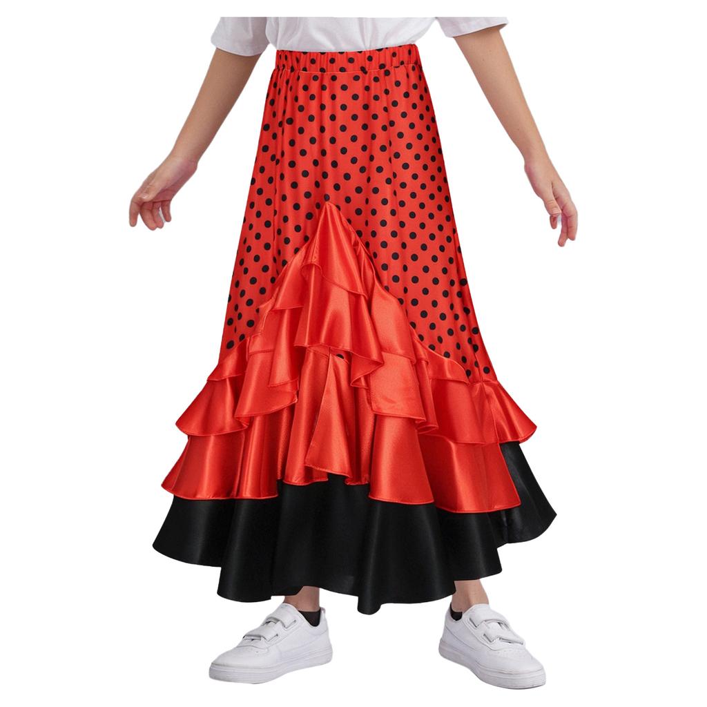 Юбка для танца фламенко для девочек, принт в горошек, многослойные оборки, эластичная талия, длинная юбка, испанский костюм для выступления