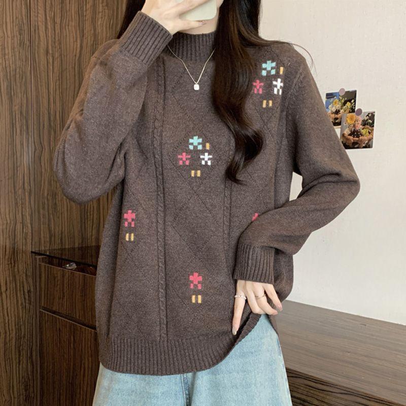 Women's Knitted Sweater Semi High Neck Long Sleeved Base for Autumn and Winter Thick Loose Top