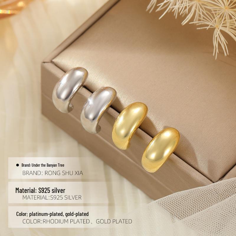 Banyan Tree Gold Cashew C-Shaped S925 Silver Earrings: European & American Style for Autumn/Winter