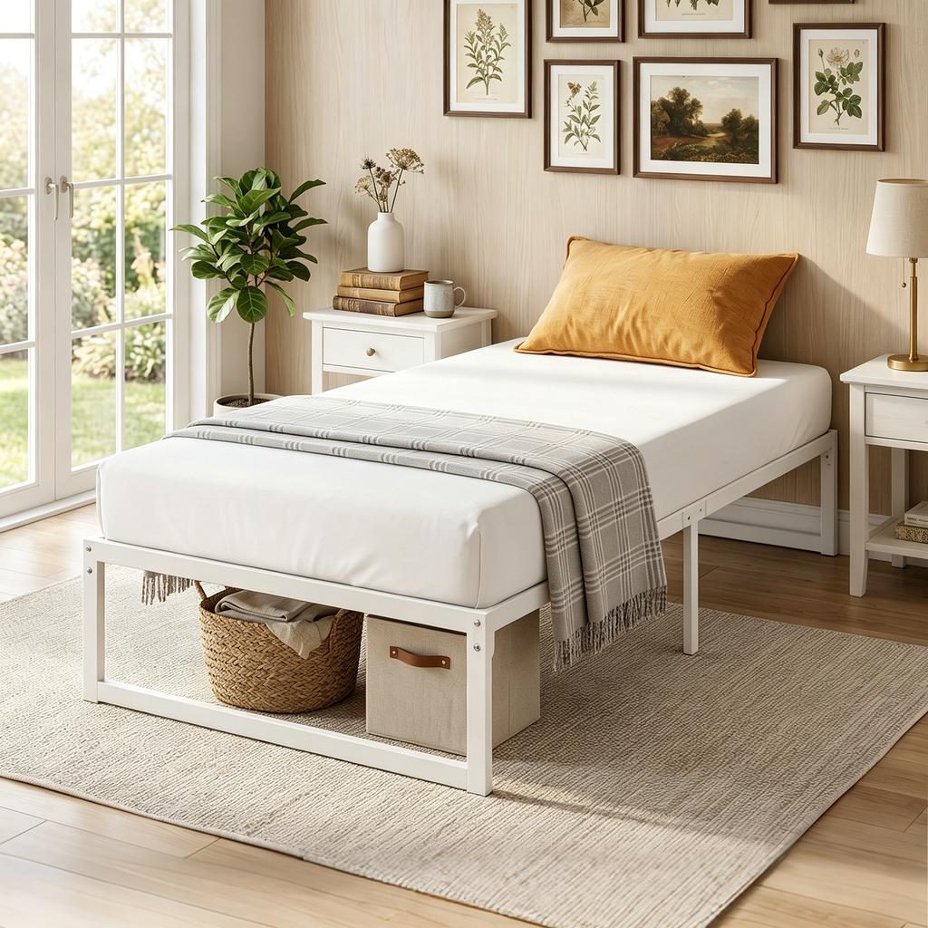 Bed Frame with Storage and Steel Slatted Base, 32.5 cm Tall, Low Noise, 200 x 90 cm, White