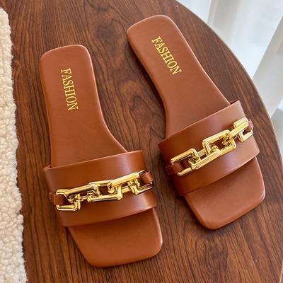 Женские тапочки с цепочкой, летние роскошные уличные сандалии на плоской подошве с квадратным носком, женские шлепанцы, новый корейский тренд, большой размер 35-42