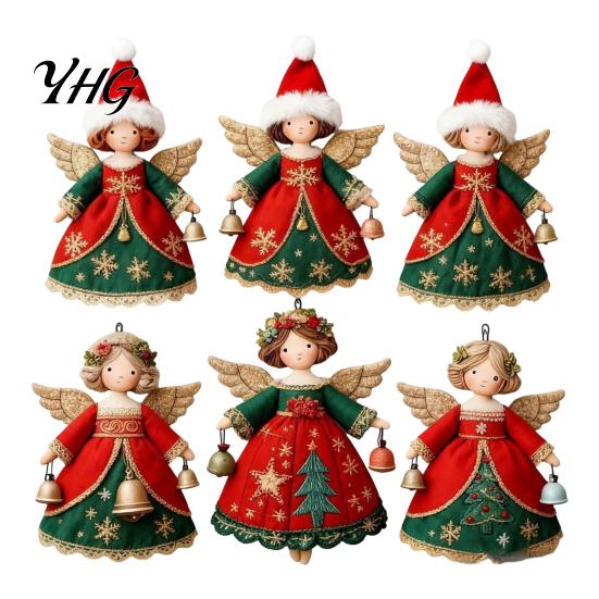 Indoor Party Ornament Set 6Pcs Vintage Angel Wooden Ornaments, Christmas Hanging Decor Interior Door Frame Decorations with Jute String, Rustic