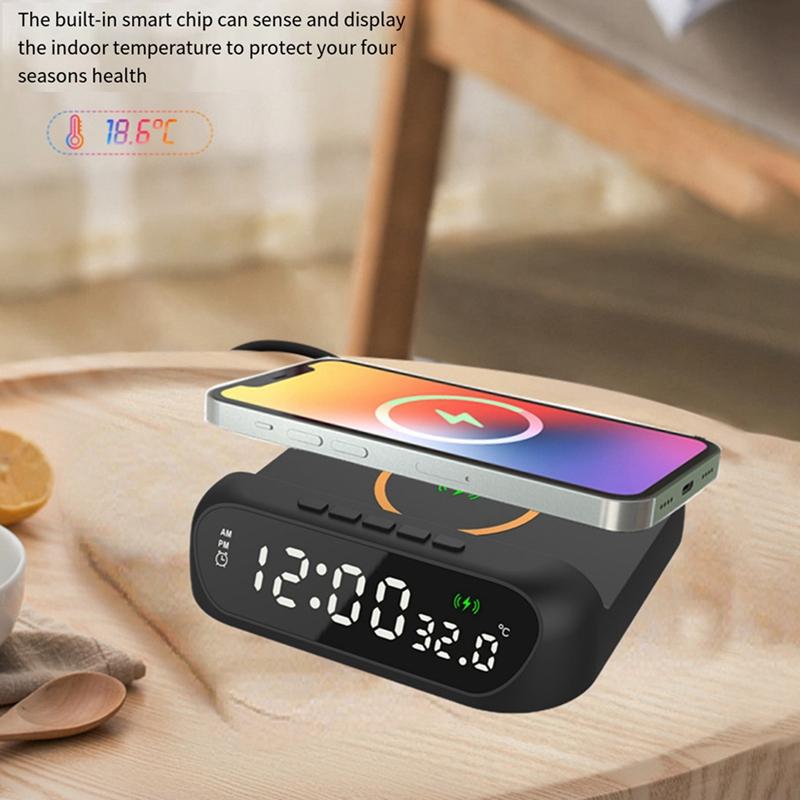 Беспроводной будильник с зарядкой 3-в-1 Беспроводное зарядное устройство Быстрая зарядка 15 Вт Цифровой будильник Температура Черный Простота в использовании