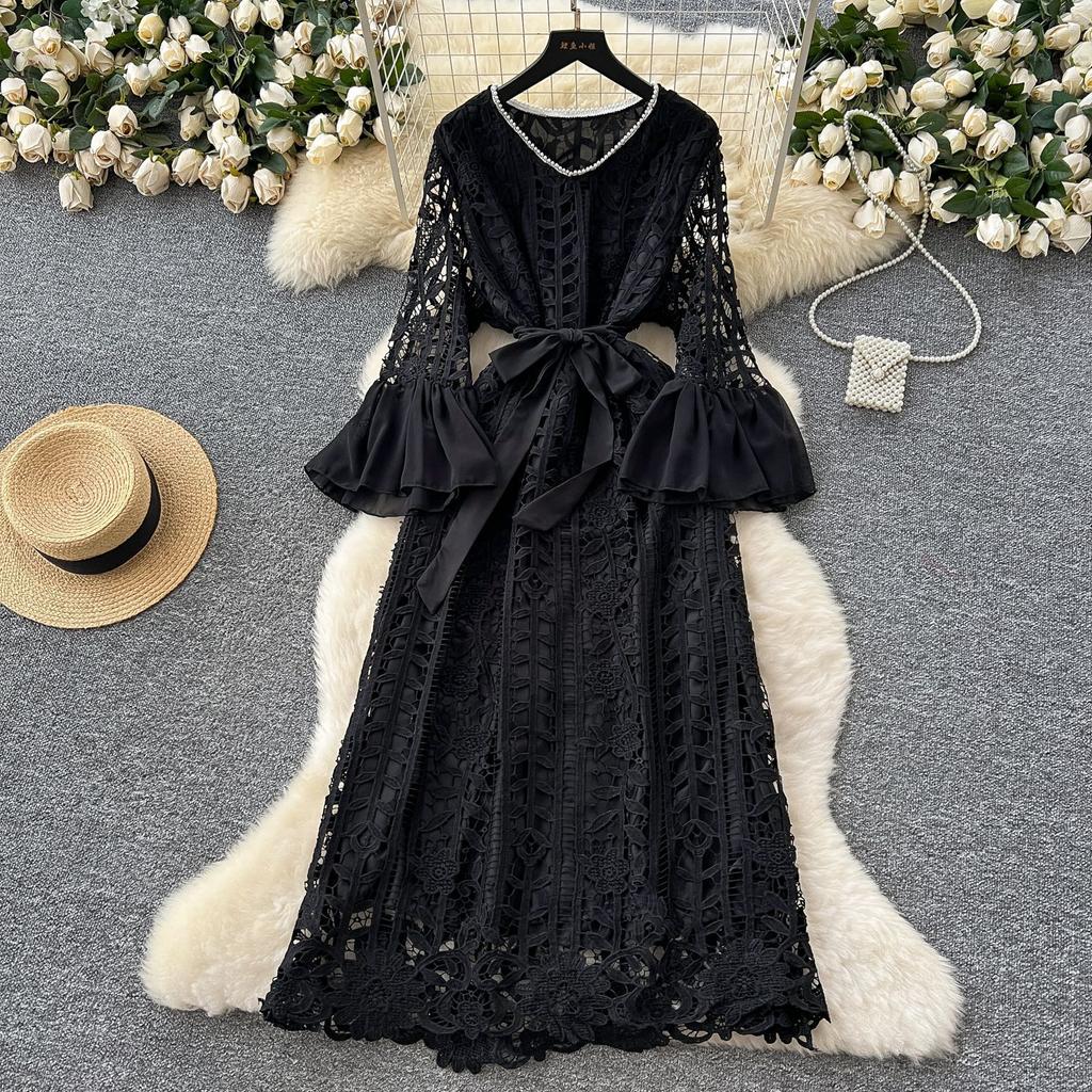 France Vintage Hollow Out Evening Dress Women Sashes V-Neck Flare Sleeve Crochet Elegant Dress Female Casual Chic Clothing