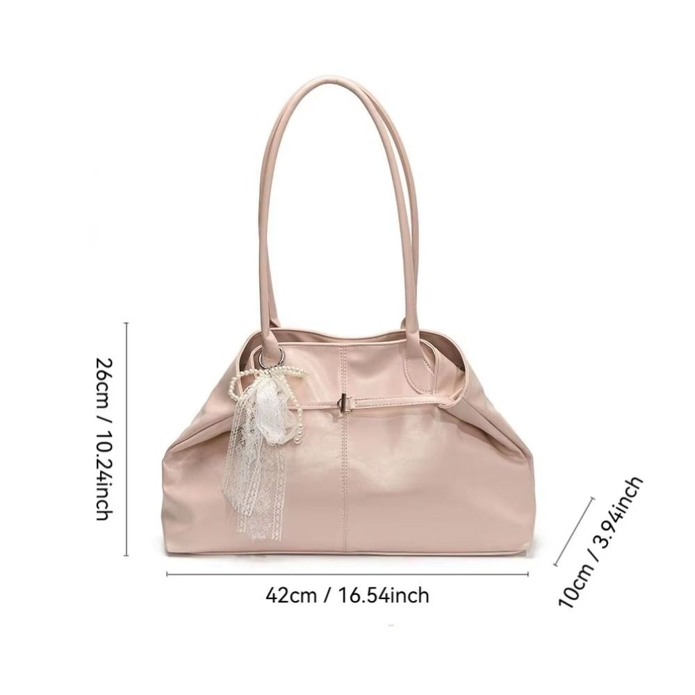 PU Leather Shoulder Bag Tote Bag with Bow Lace Pendant Versatile Armpit Bag Solid Color Large Capacity Underarm Bag Travel