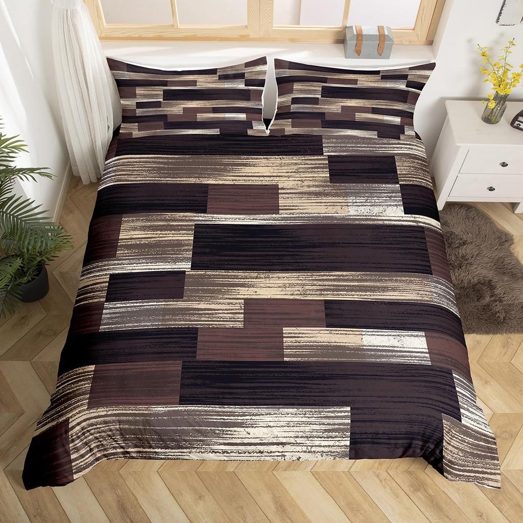 Geometric Bedding Set,Patchwork Plaid Duvet Cover Twin King for Teens Adults,Retro Vintage Comforter Cover,Wooden Plank Bed Set