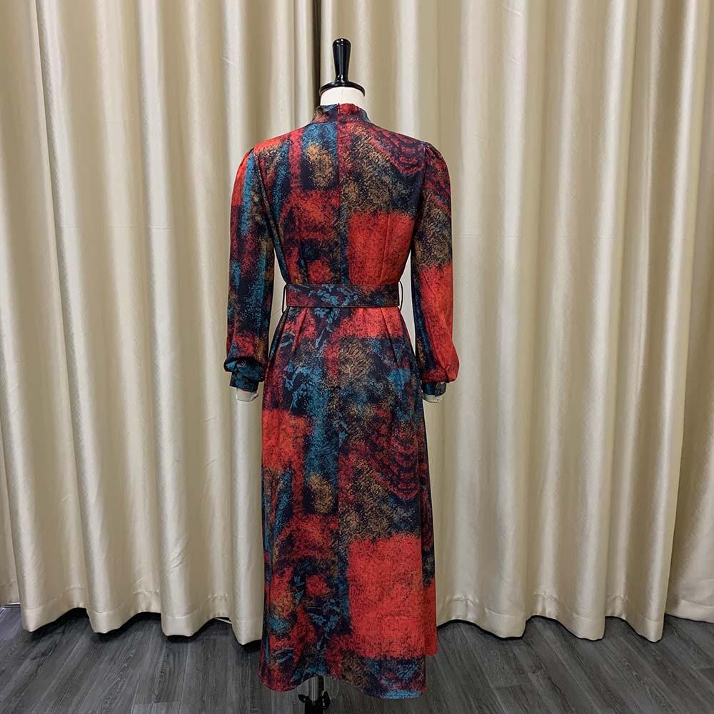 YYFS Women's Fashion Spring Fall Colour Block Print Long Sleeve O-Neck High Waist Casual Dresses