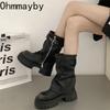 Модные женские сапоги на платформе и каблуке до середины голени, модные женские сапоги с боковыми молниями, рыцарские сапоги 2024 года, новые осенне-зимние женские туфли на толстой подошве