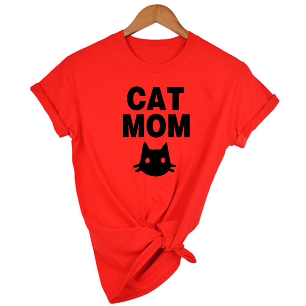 Stay At Home Cat Mom Print Women Shirts Casual Cute Cartoon White Summer Short Sleeve O