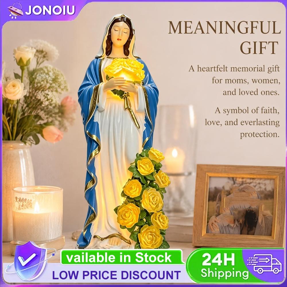 Christian Outdoor Decor Virgin Mary Statue LED Rose Light Waterproof Resin Garden Figurine Gift for Women