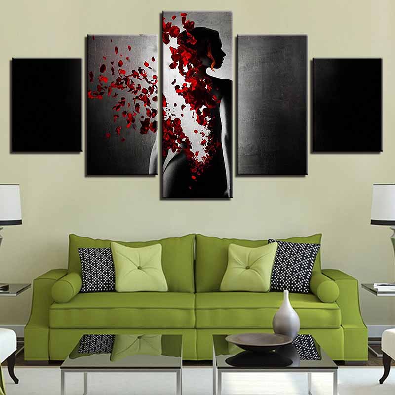 5 Panels Petals Woman Figure Canvas Painting Modern Posters and Prints Wall Pictures for Living Room Home Decor No Frame