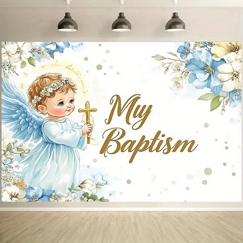 One angel baptism background with a cross and wings - soft blue and white floral design