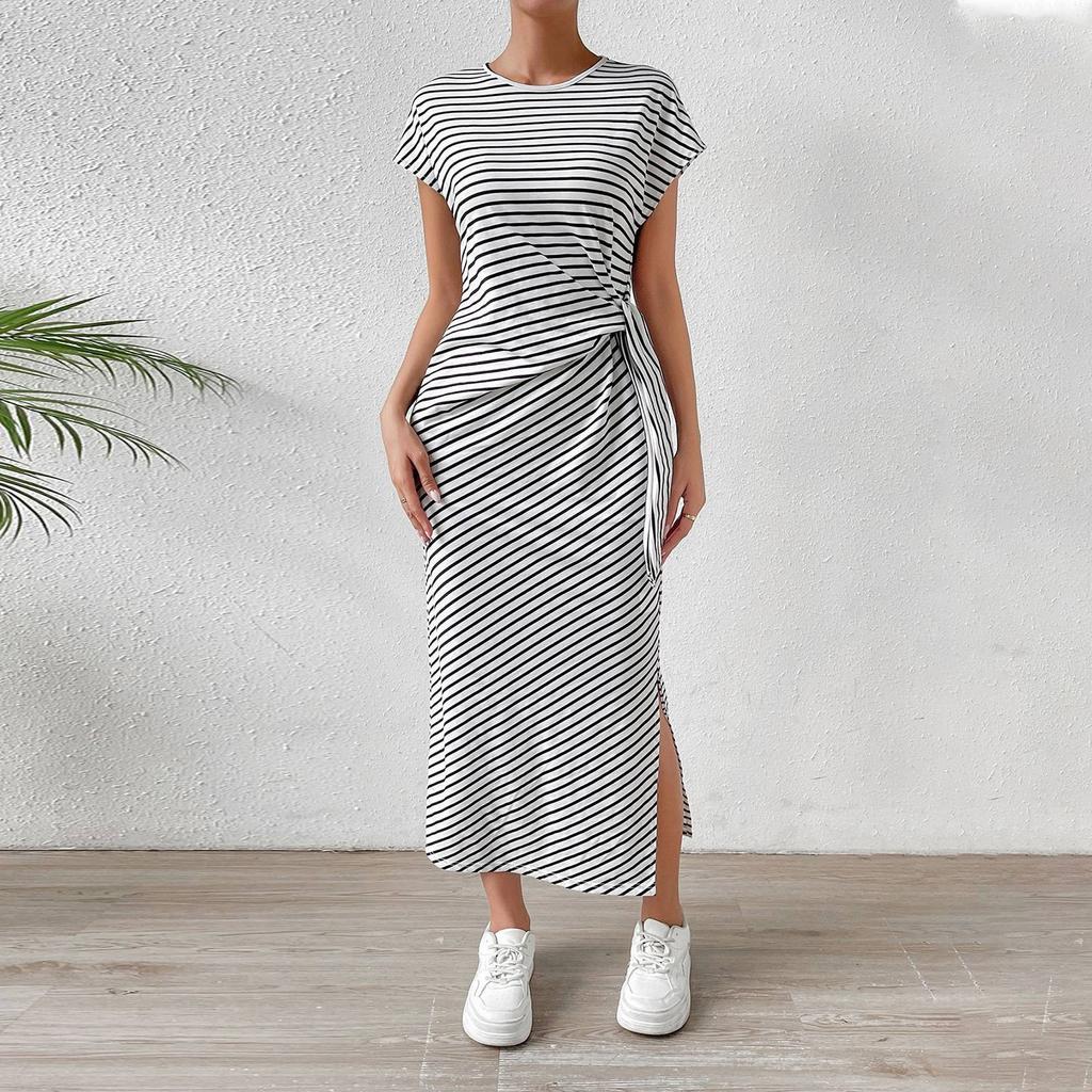 Женское модное платье с круглым вырезом в полоску, короткими рукавами, облегающим кроем и разрезом для похудения