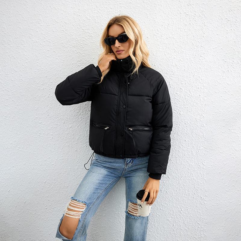 Women Short Medium Length Down Jacket Winter Warm Stand Collar Solid Color Casual Outerwear Coat