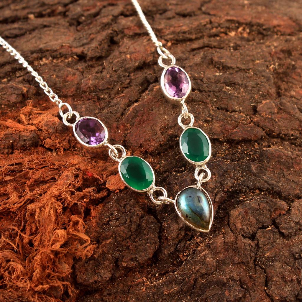 Лабрадорит, зеленый оникс, аметист, серебряное женское ожерелье из стерлингового серебра 925 пробы, ювелирные изделия
