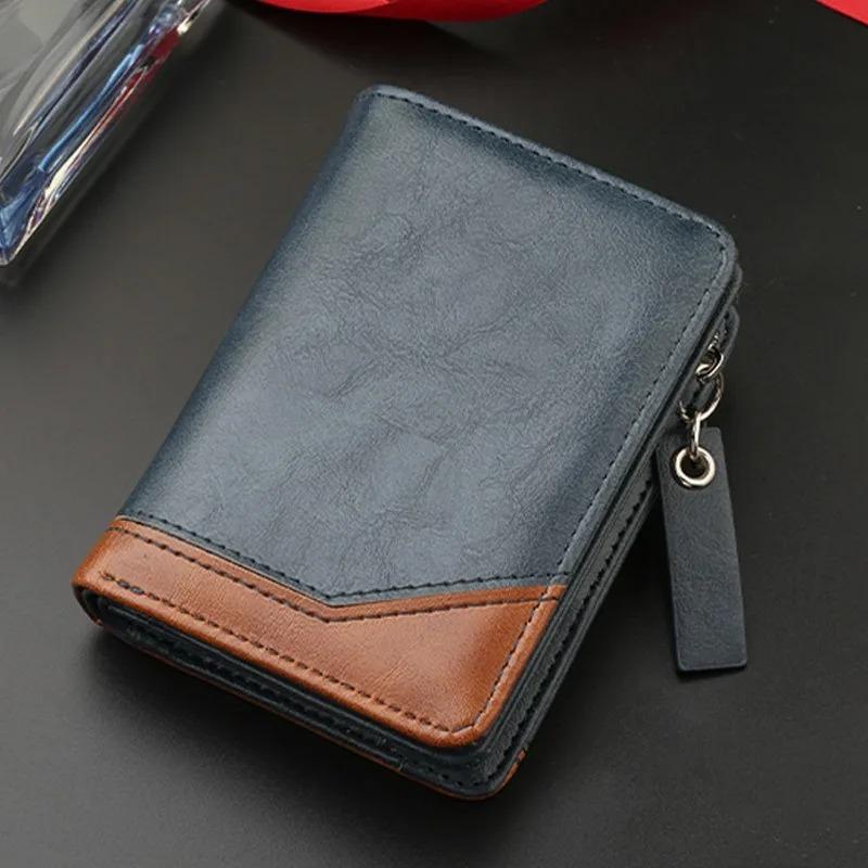 New Men's PU Leather Short Wallet With Zipper Coin Pocket Vintage Big Capacity Male Short Money Purse Card Holder