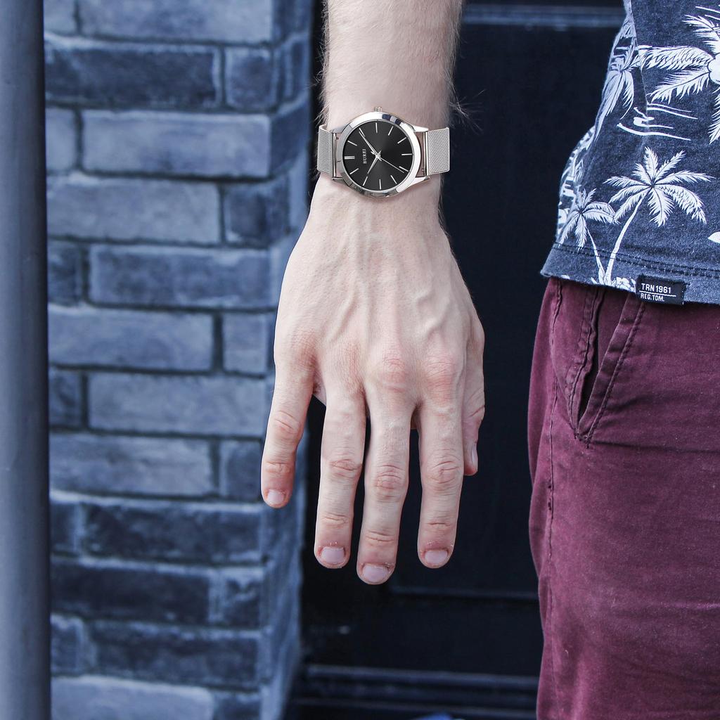 BUREI Analog Quartz Milanese Mesh Strap Stainless Men's Watch, Waterproof, Popular, Slim, Simple, Stylish, Business, Casual, Style, (Black, Silver,