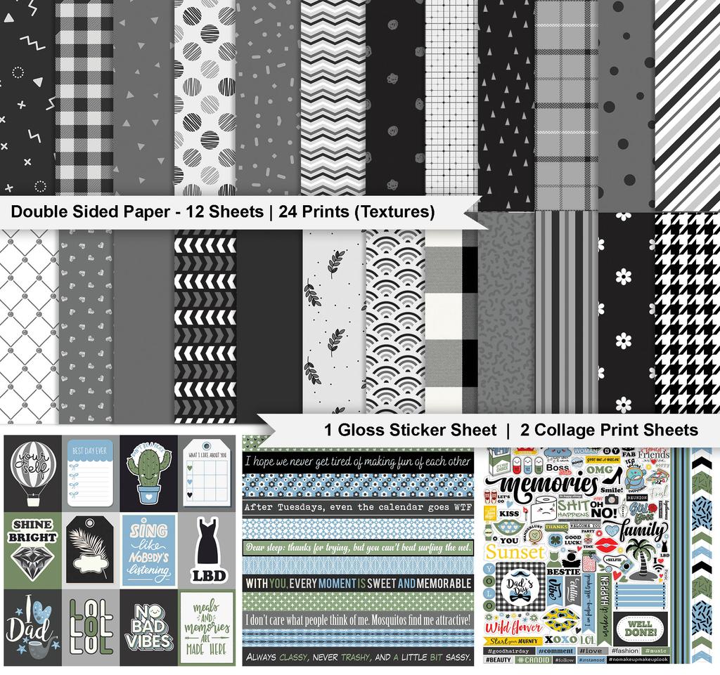 Inkdotpot Love Basics Collection Double,Sided Scrapbook Paper Kit Cardstock 12"x12" Card Making Paper Pack Of With Sticker Sheet - 16 Pages - White &
