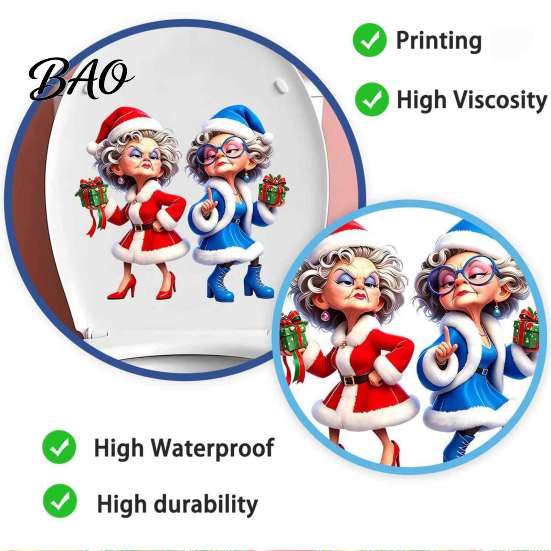 Holiday Bathroom Decorations Christmas Granny Toilet Sticker, Funny Cartoon Mrs. Claus Decal, Waterproof Party Supplies PVC Self Adhesive Decal