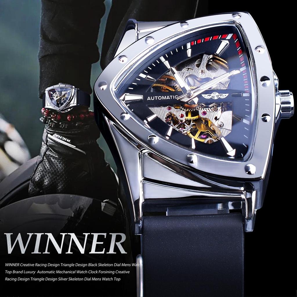 WINNER Triangle Automatic Military Wristwatch With Luminous Pointers Sport Style Men's Watches Transparent Skeleton Mechanical Watch
