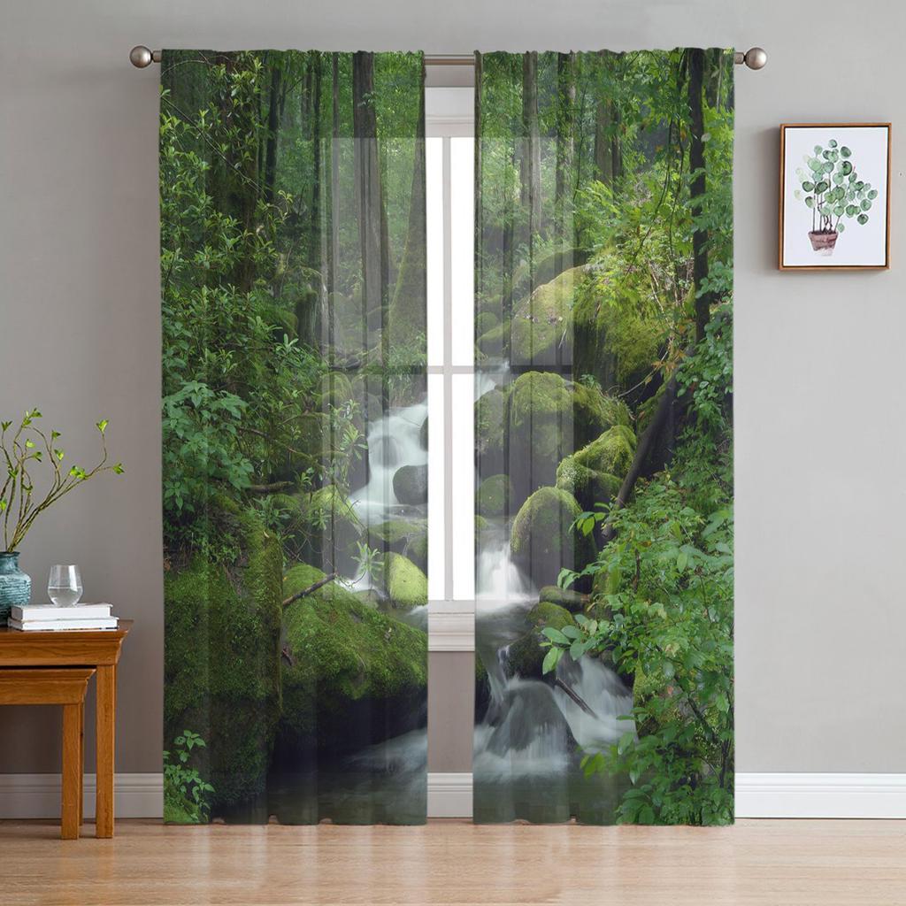 Arbor Tree Lake Landscape Sheer Voile Curtain For Living Room Transparent Tulle Window Curtains For Bedroom Accessories Decor