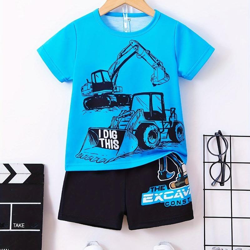 Комплект повседневной летней одежды для мальчиков из двух предметов: футболка с короткими рукавами и шорты с принтом «Монстр-трак»