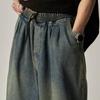 Men Jeans Elastic Waist Drawstring Wide-Leg Jeans Street Style Distressed Design Draped Denim Trousers