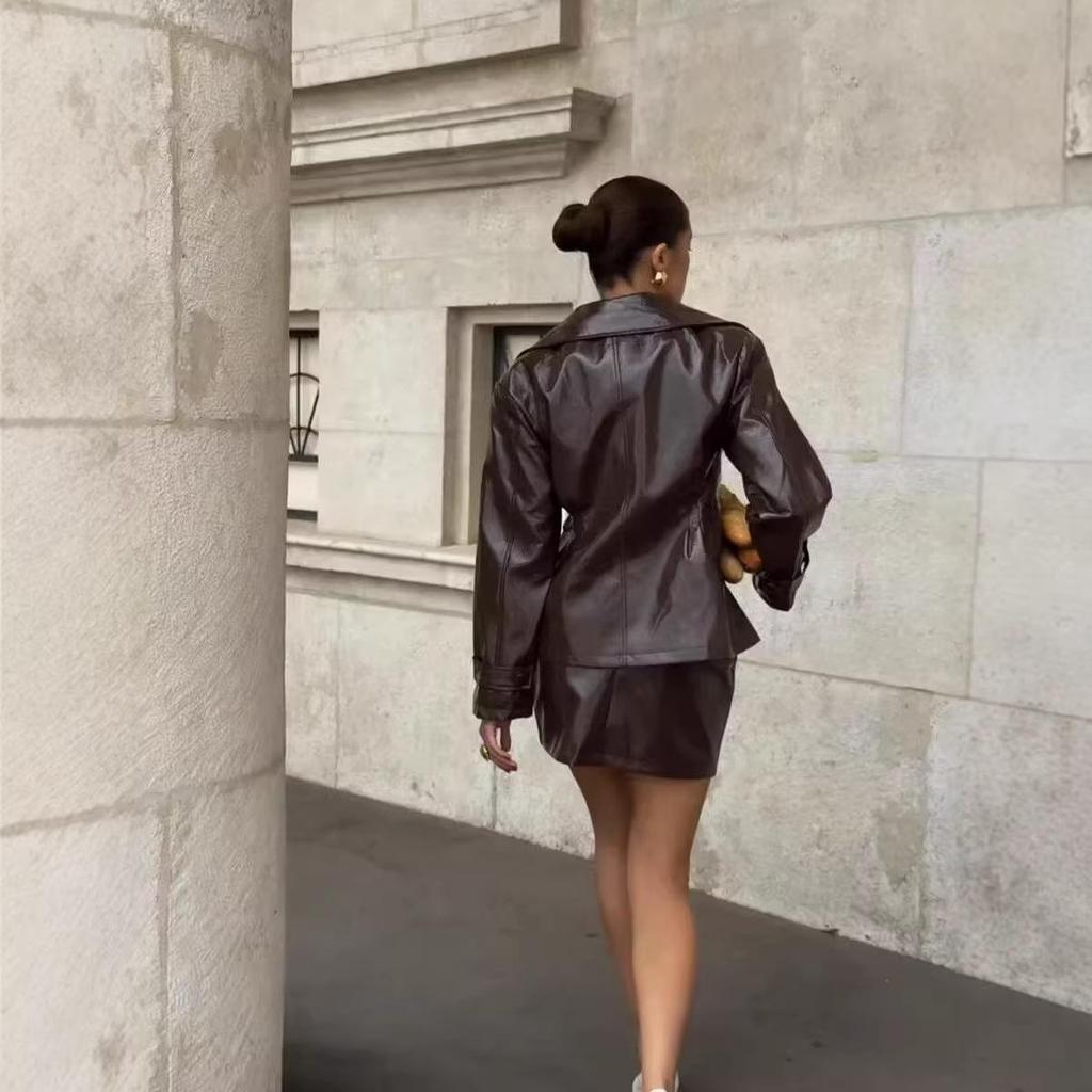 Women's Street Style Leather Suit: Double-breasted Waist-cinching Jacket & A-line Skirt Set
