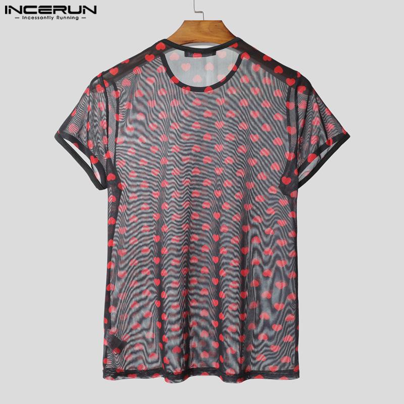 INCERUN Men Short Sleeve Mesh Sheer Print Party Club T-shirts Tee