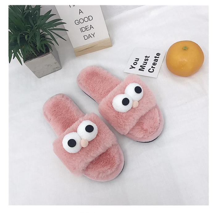 Fashion Cute Big Eyes Pom Pom Fur Shoes Women Spring Autumn Home Slippers Ladies Winter Flip Flops Cozy Warm Winter Slides