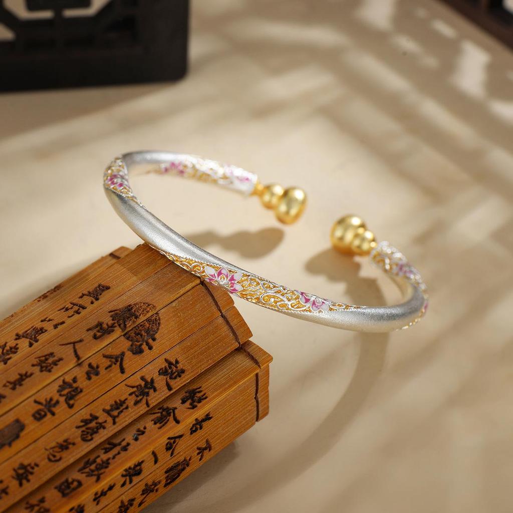 Цветочный перегородчатый эмалевый браслет-гурд - Женский посеребренный браслет из белой меди