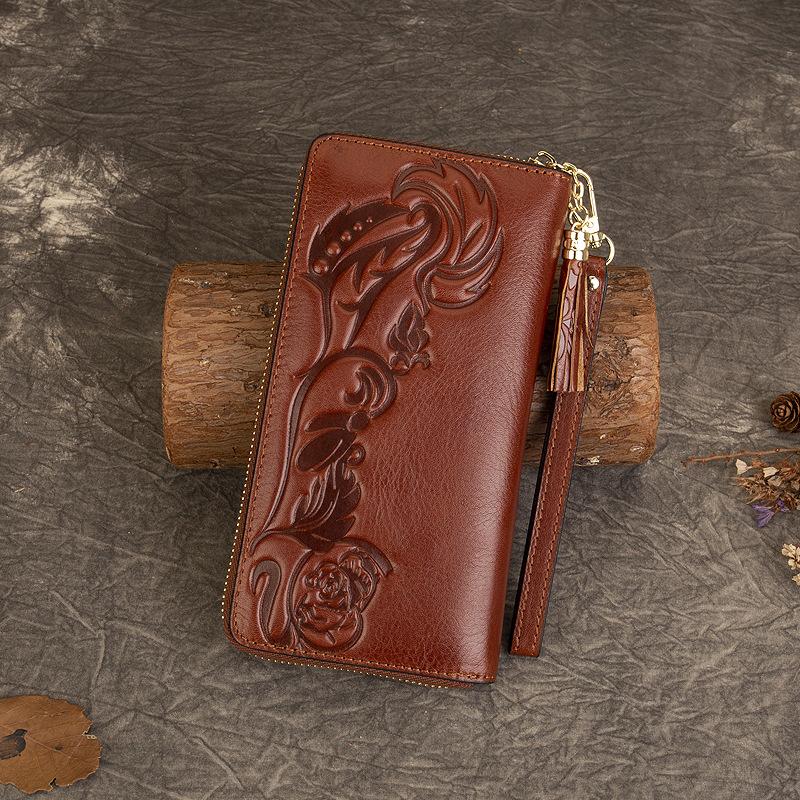 Кошелек ручной работы для женщин, большой емкости, первый слой из коровьей кожи, тисненый кошелек для монет, сумка для удостоверения личности с несколькими карточками