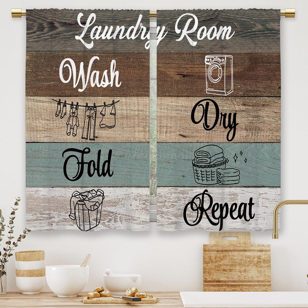 Farmhouse Curtains: 27.5x39 Inch 2 Panels Polyester Rod Pocket Tier - Decorative Laundry Room Rules Pattern Light Filtering Drapes for Small Windows