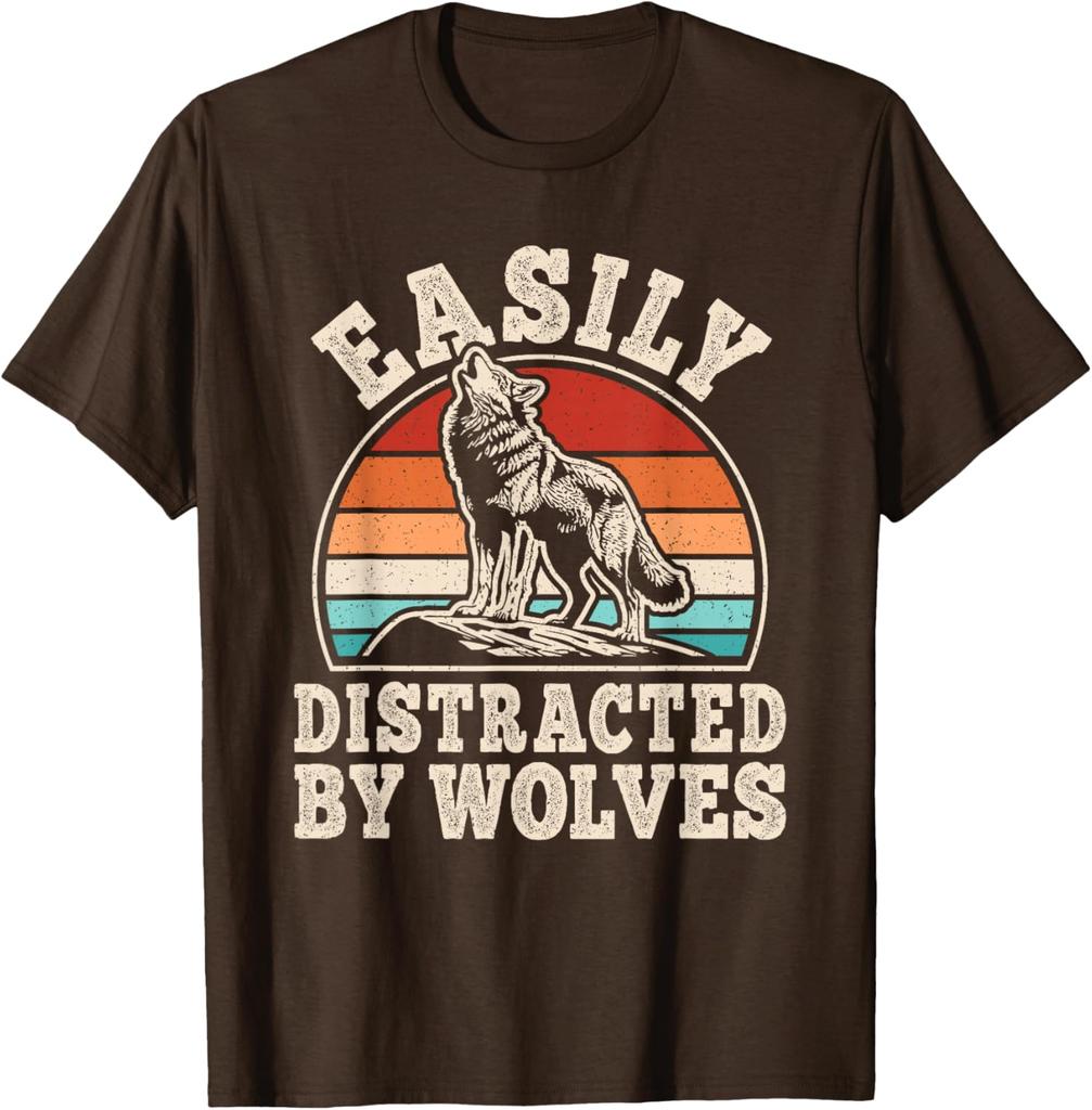 Easily Distracted By Wolves Retro Graphic T-Shirt Vintage Sunset Wolf Howling Print Casual Cotton Tee