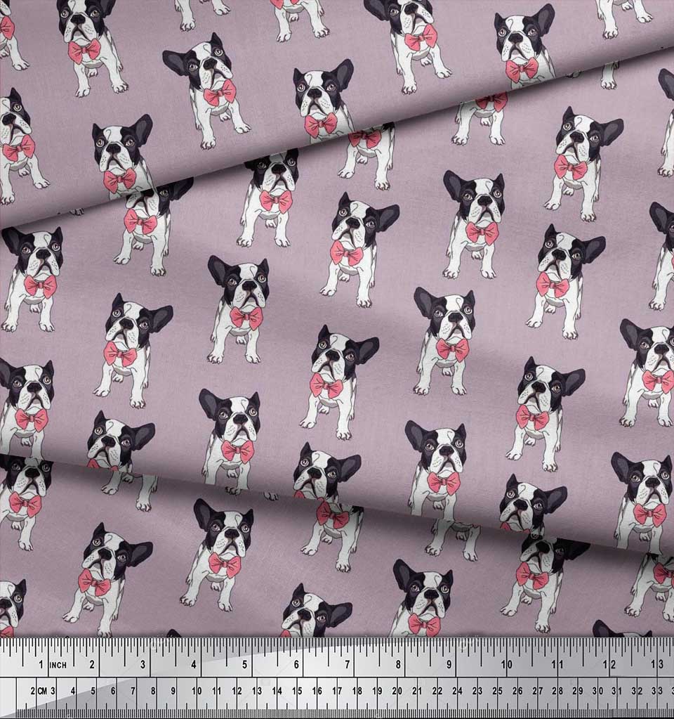 Soimoi Japan Crepe Satin Fabric Bow & Boston Terrier Dog Print Fabric by the Metre 42 Inch