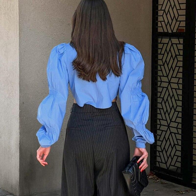 Хлопковая белая блузка с пышными рукавами, женская модная осенняя свободная женская рубашка, однотонные тонкие свободные короткие топы Feamel Одежда Blusas 28681