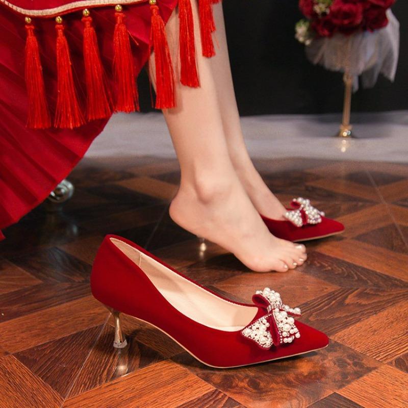 Fashion Red Wedding Shoes High Heels for Women 6cm Stiletto Pointed Toe Nude Pumps Shinny Bottom Ladies Nightclub Prom Party Shoes