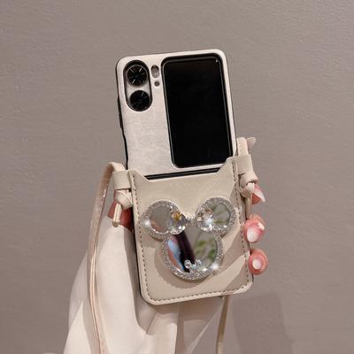 Применимо к OPPO Find N2 Flip чехол для складного мобильного телефона с узором под ягненка, с диагональным ремешком, чехол-кошелек, чехол с зеркалом для макияжа