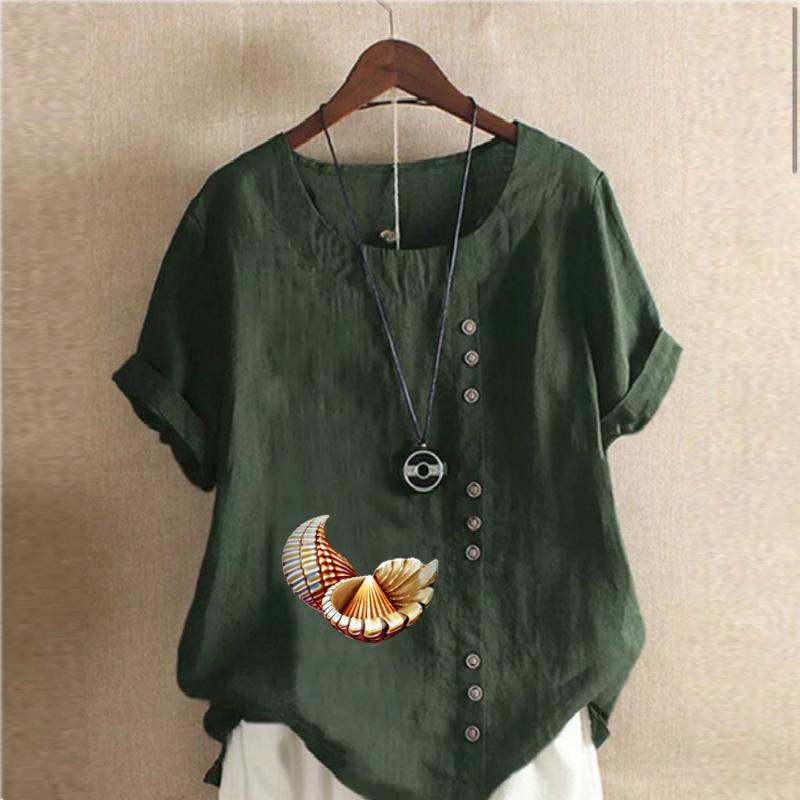 Женская модная футболка с коротким рукавом и принтом ракушек, свободная хлопковая рубашка, повседневная свободная летняя блузка, топы