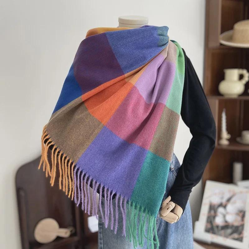 Women's Autumn/Winter 2022 Warm Imitation Cashmere Plaid Scarf Shawl - Korean Style