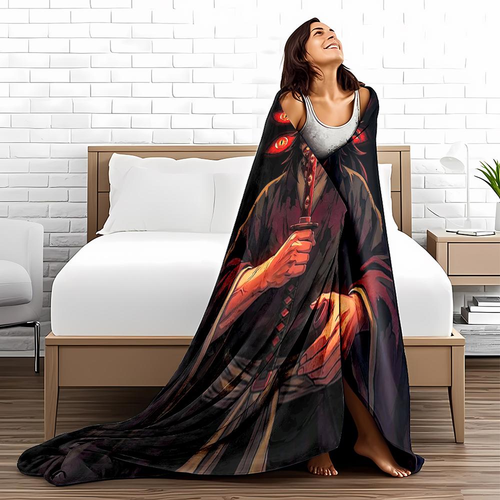 Anime Style Warrior Holding Sword with Red Eye Design on Black blanket blanket, suitable for use in the bedroom, living room, on the sofa