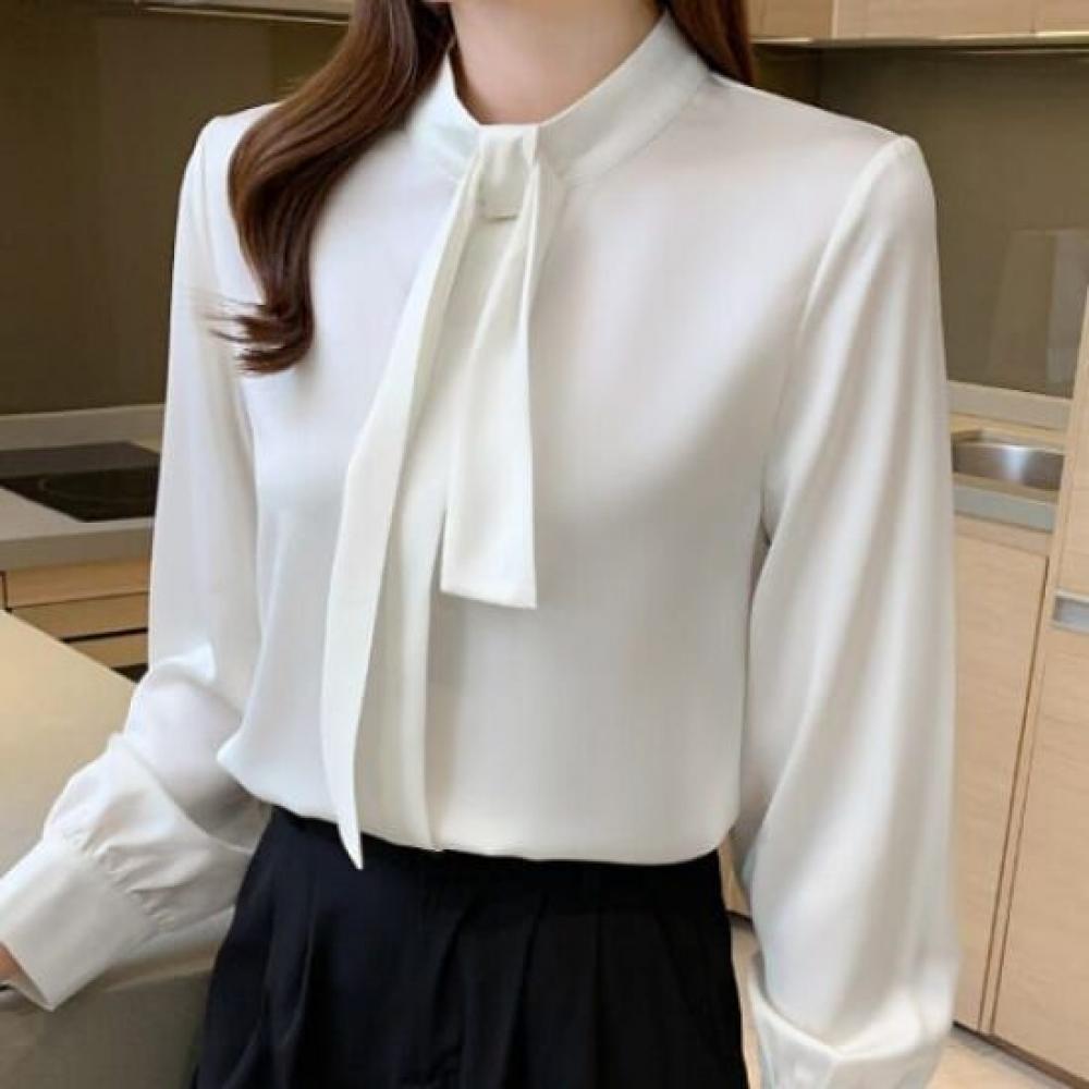 Navava Romantic Office Solid Ribbon Neck Long Sleeve Blouse Nb2553