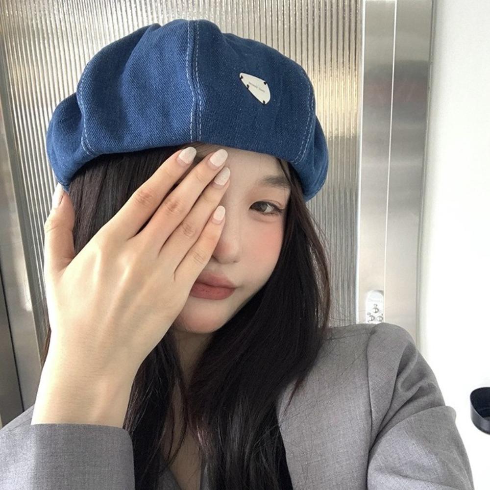Korean Style Cloud Cowboy Cap Solid Color Denim Octagonal Hat Retro Denim Beret Ladies