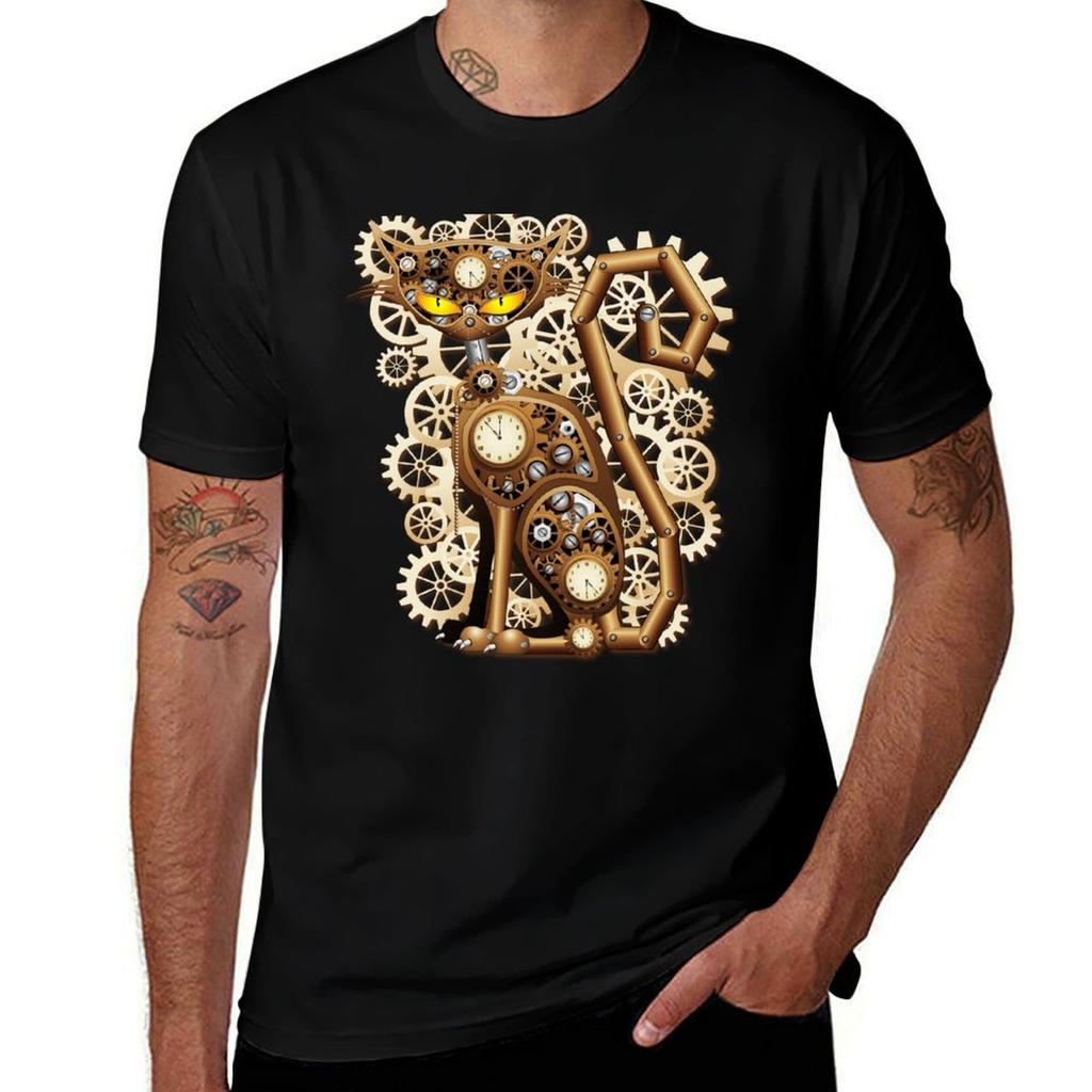 Steampunk Cat Vintage Retro Style Machine Tshirt Long Lasting Casual Tshirt