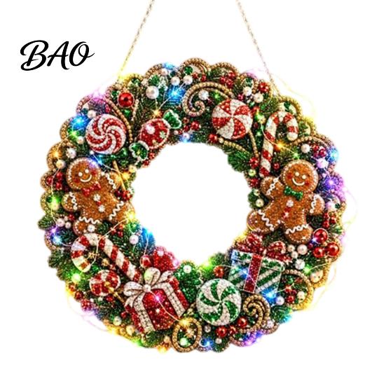 Festive Door Hanging Ornament DIY Acrylic Christmas Faux Pearl Art Kit, Lighted Wreath 3D Beaded Craft Mantelpiece Kit with LED String Light, Beginner